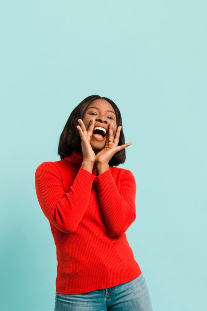 Front view happy woman in studio