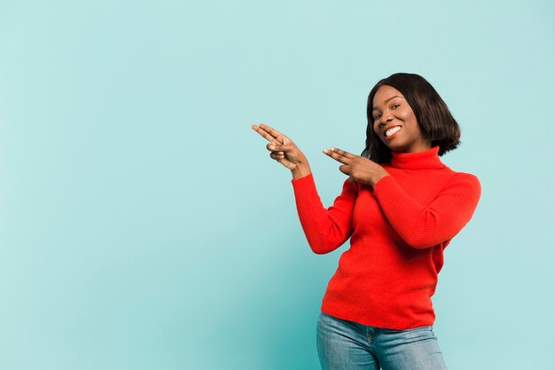 Front view happy woman in studio