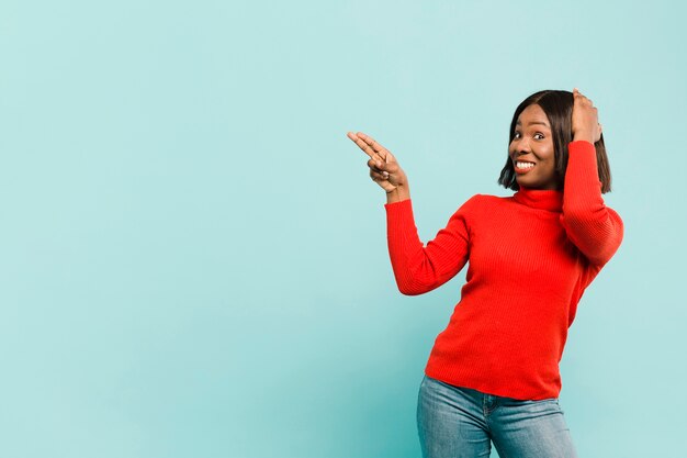 Front view happy woman in studio