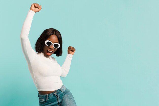 Front view happy woman in studio