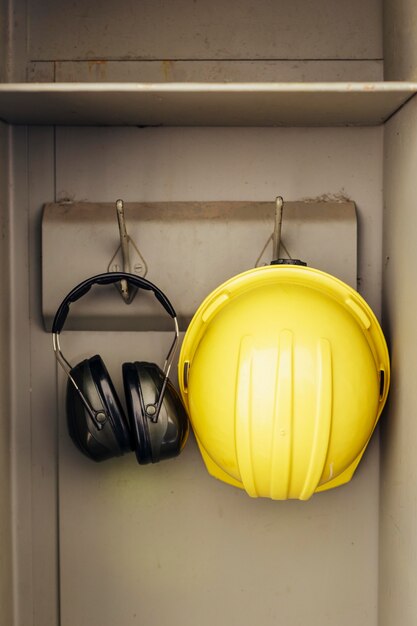 Front view of headphones and hard hat hanging in a closet