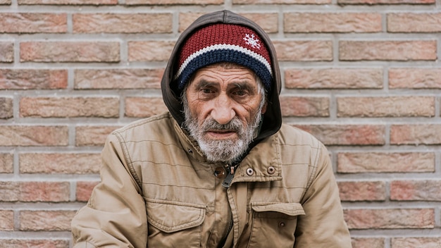 Front view of homeless man in front of wall