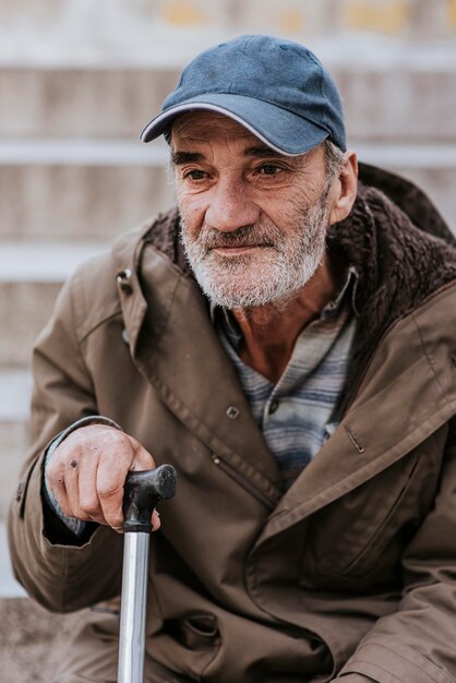 Front view of homeless man with beard and cane