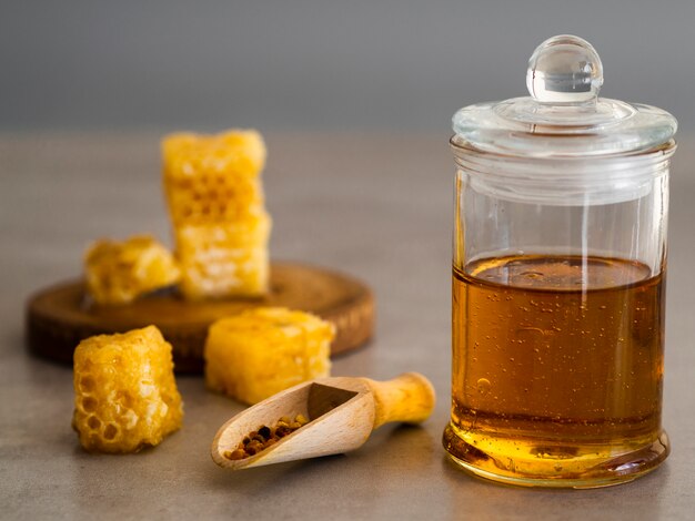 Front view of honey in jar