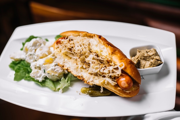 Front view hot dog with cabbage and potatoes in mayonnaise with salted cucumbers and sauce