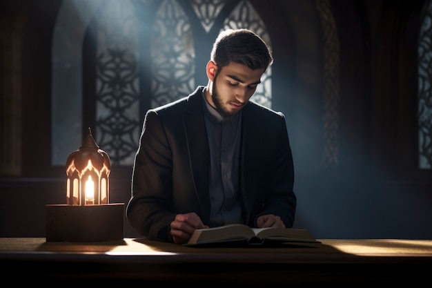 Free photo front view islamic man reading