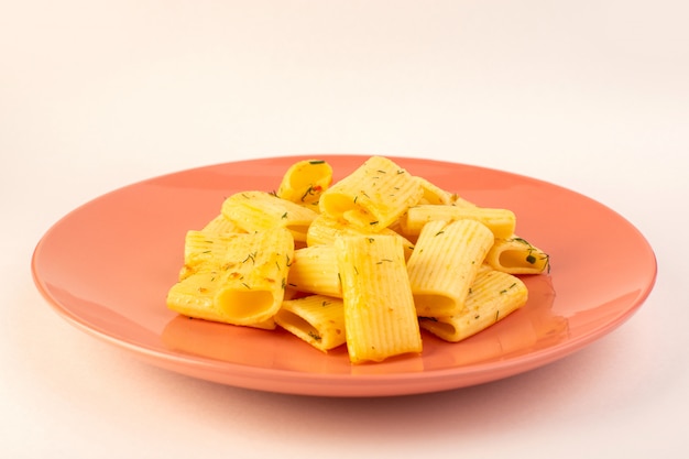 A front view italian pasta with dried green herbs inside pink plate on white