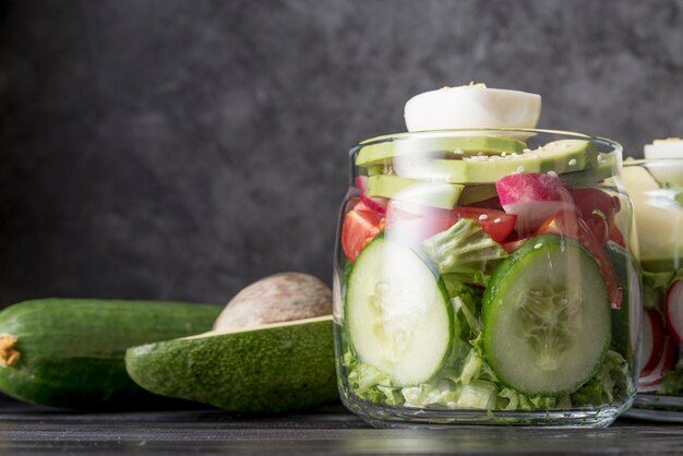 Front view jar filled with organic vegetables