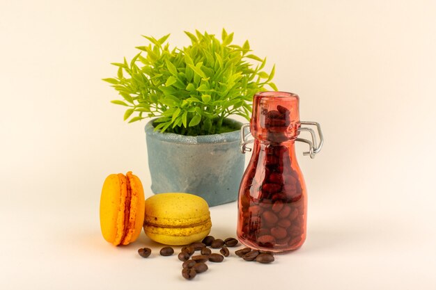 コーヒーフレンチマカロンとピンクの表面に緑の植物が付いている正面瓶