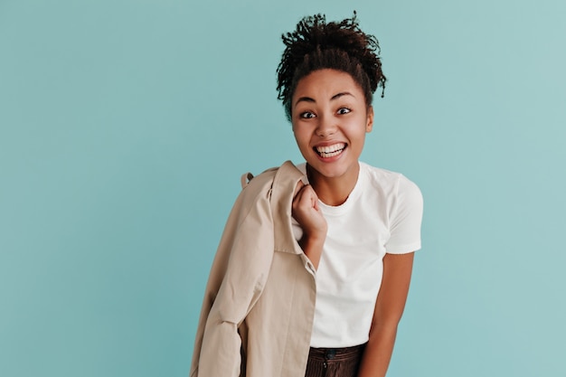 Front view of jocund woman smiling to front