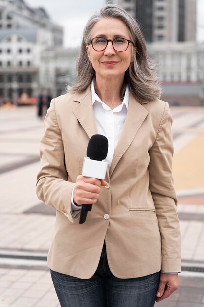 front view journalist holding a microphone