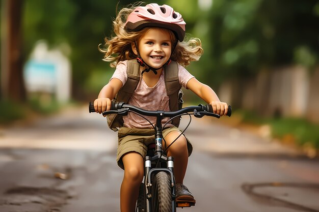 屋外で自転車に乗っている正面図の子供