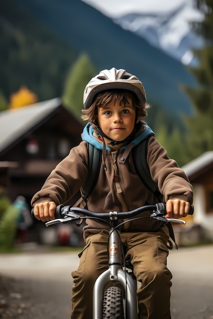 Free photo front view kid on bicycle  outdoors