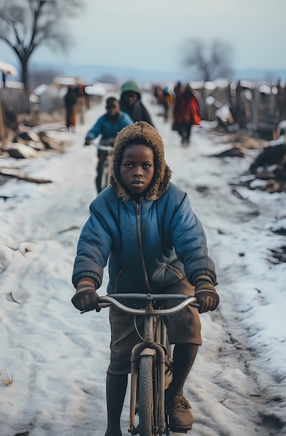 Front view kid on bicycle outdoors