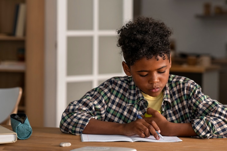 Free Photo front view kid doing homework