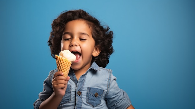 Front view kid eating ice cream in studio