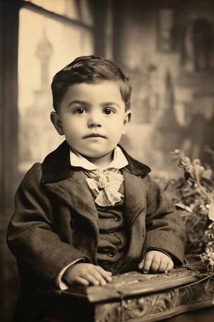 Front view kid posing vintage portrait