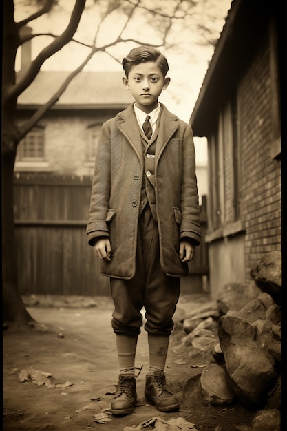 Free photo front view kid posing vintage portrait