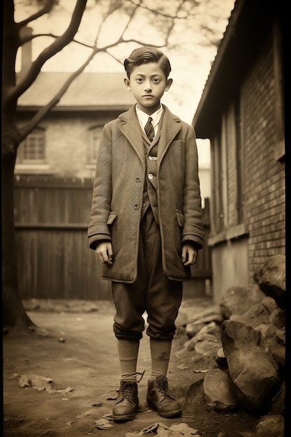 Предний вид мальчика, позирующего на винтажном портрете