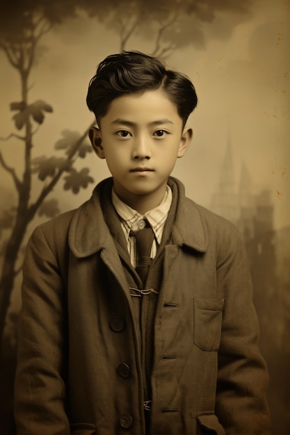 Free photo front view kid posing vintage portrait