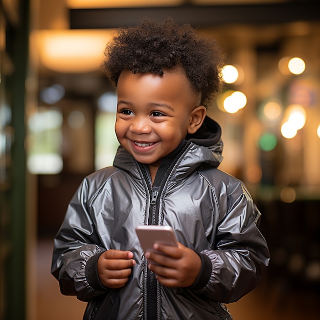 Free photo front view   kid with smartphone outdoors