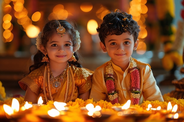Вид спереди дети празднуют тамильский новый год