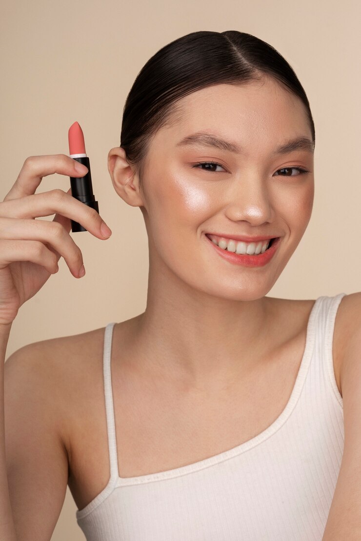 Free Photo front view korean woman posing with lipstick
