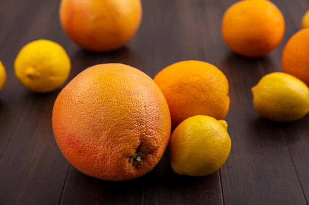오렌지와 그 레이프 나무 배경에 전면보기 레몬
