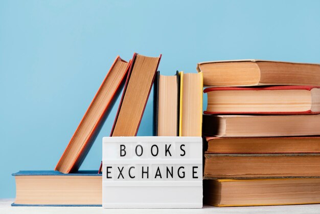 Front view of light box with stack of books