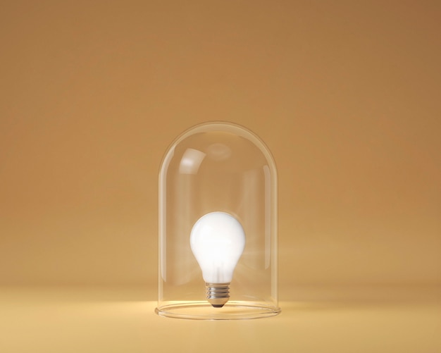 Front view of lit lightbulb protected by clear glass as an idea concept