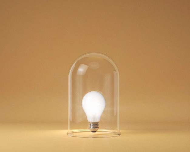 アイデアの概念として透明なガラスで保護された点灯電球の正面図