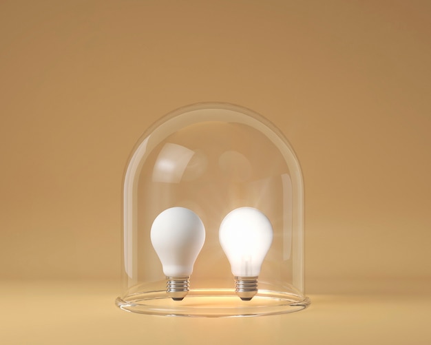 Vista frontale di lampadine accese e spente protette da vetro trasparente come concetto di idea
