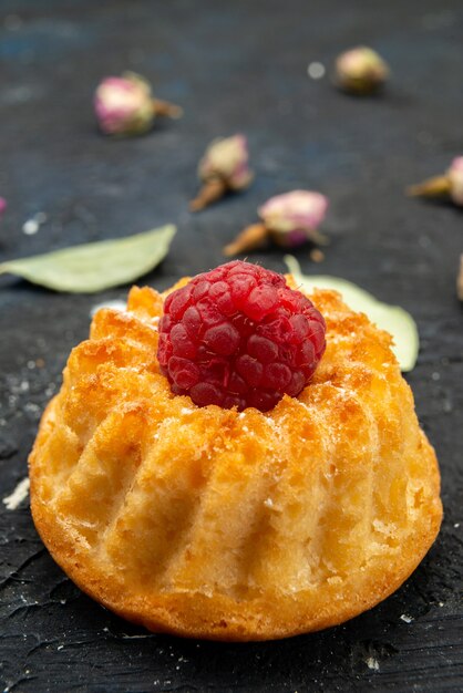 Front view little d cake with raspberry on top isolated on the dark surface sugar sweet 