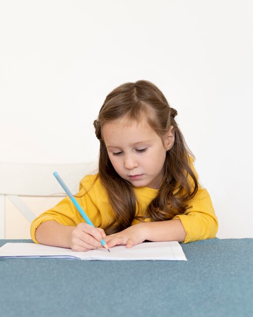 Front view of little girl doing her homework