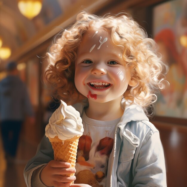 Front view little girl holding delicious ice cream