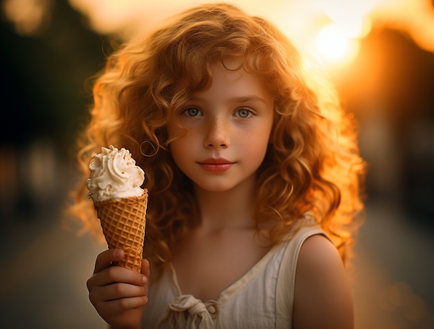 Front view little girl holding delicious ice cream