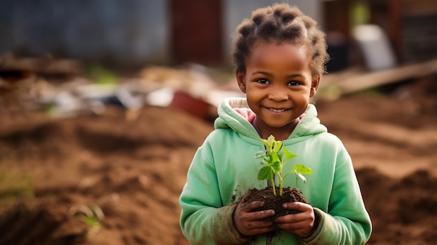 Free photo front view little girl with plant