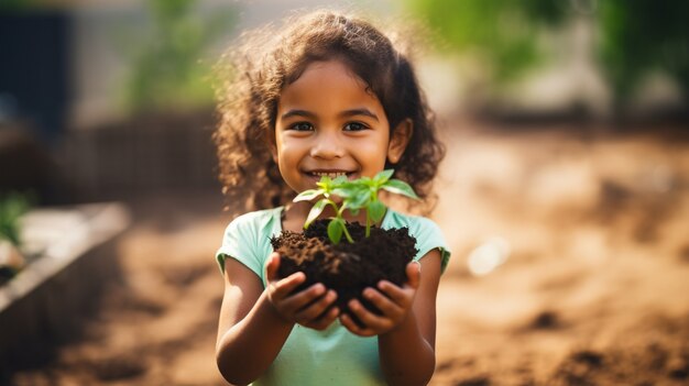 正面図の植物を持つ少女