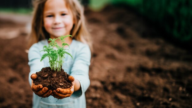 Front view little girl with plant