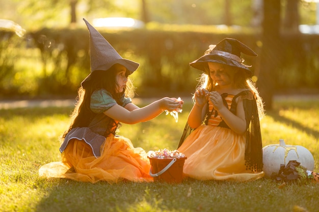 Free photo front view of little girls in nature