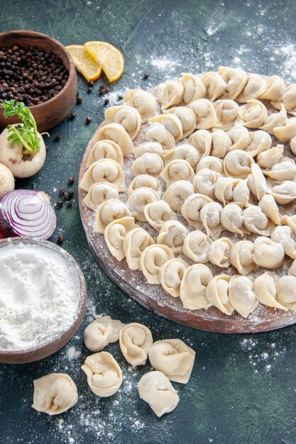 Front view little raw dumplings with flour on a dark surface