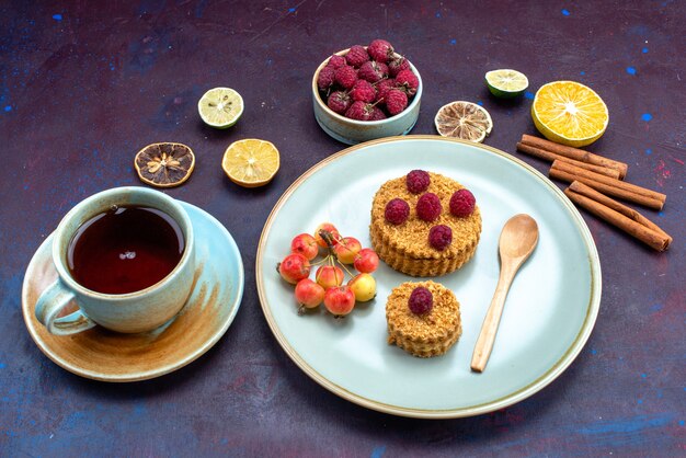 Front view of little round cake with fresh raspberries inside plate with fruits cinnamon tea on the dark surface