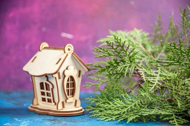 Free photo front view little wooden house cedar branches on blue table pink isolated table