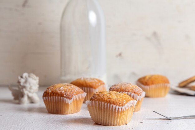 Front view of little yummy cakes with sugar powder and bottle of milk on the white surface