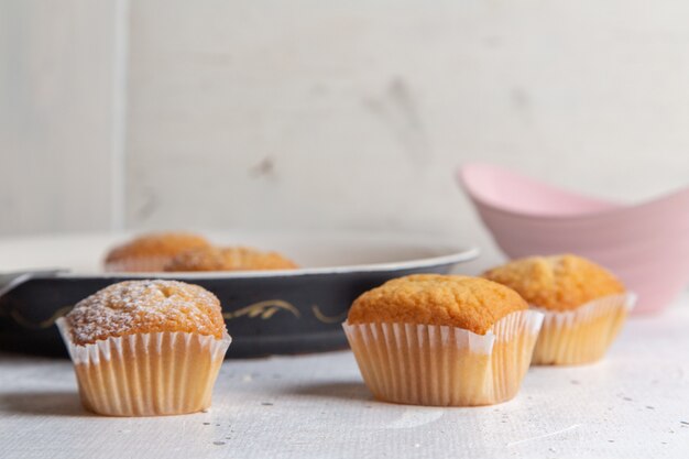 Front view of little yummy cakes with sugar powder on the white surface