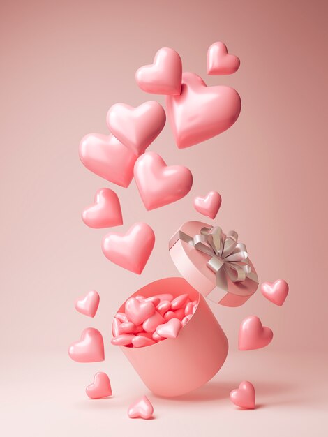 Front view of lots of pink hearts coming out of a present box