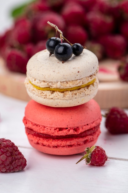 Front view of macarons with raspberries on a white surface