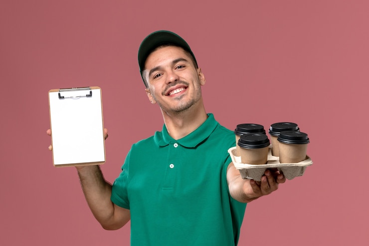 मुफ़्त फोटो front view male courier in green uniform holding brown coffee cups and notepad on the pink background   