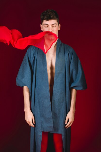 Front view male model in blue robe 