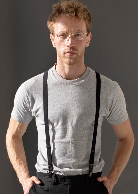 Front view male model wearing suspenders accessory